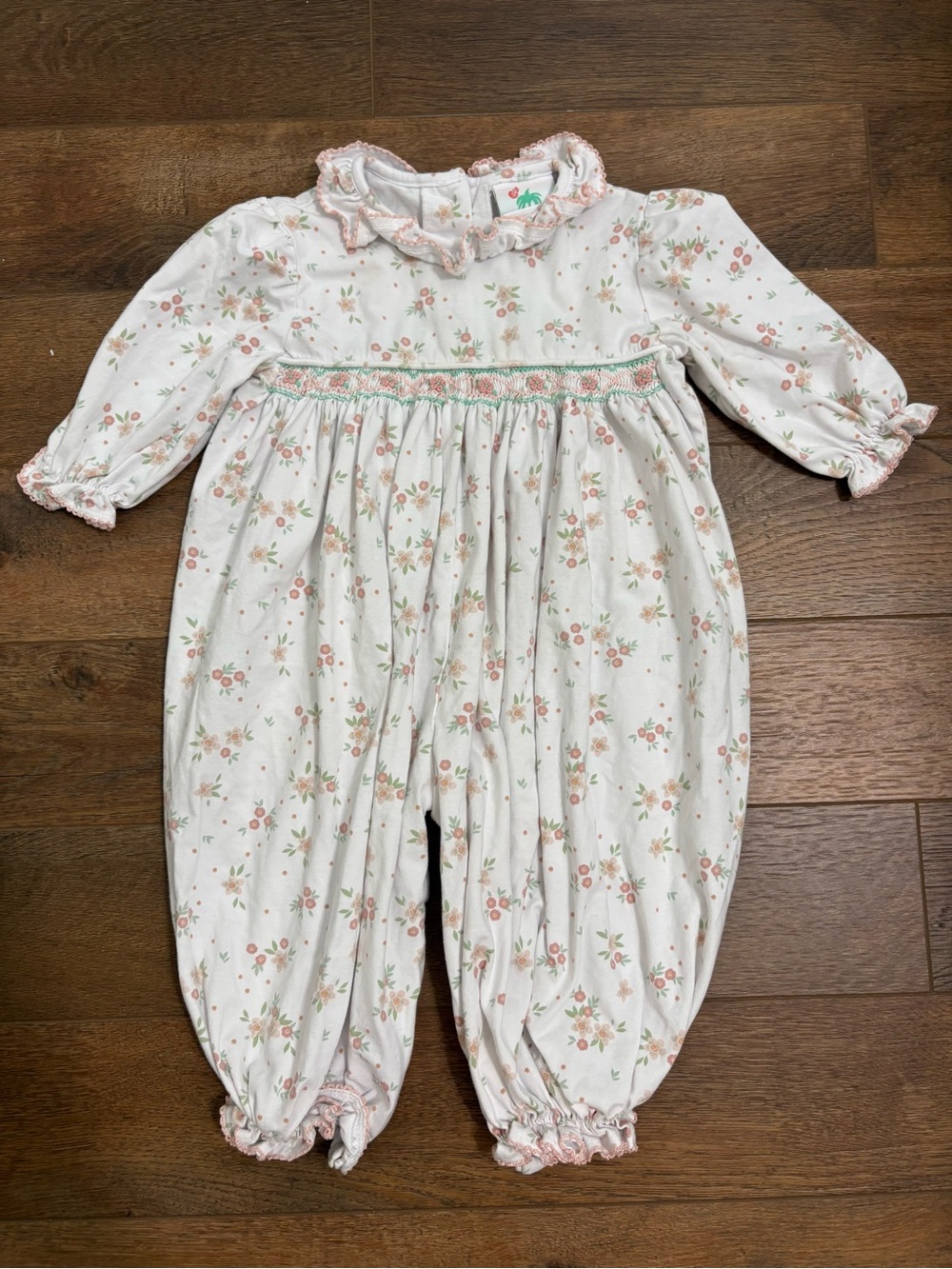 Shrimp & Grits Kids Floral Smocked Bubble Romper 18M Pink Green